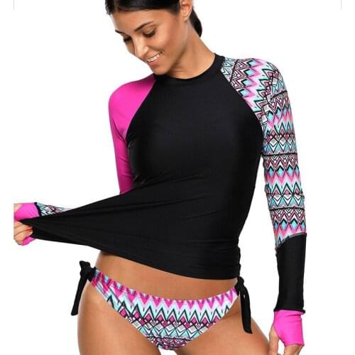 Women Two Piece Swimsuit Printed Long Sleeved Medium Waist Bikini Set Wire Free Swimming Pool Beach Girls Swimwear