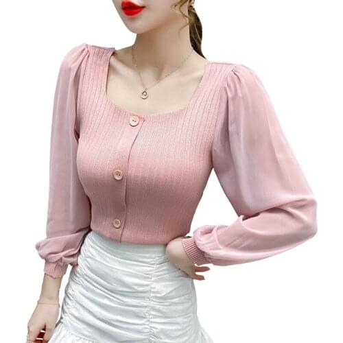 Square Neck Pink Black Knitwear Tops Womens Autumn Long Sleeve Patchwork Chiffon Cardigan Sweater Single-Breasted Knitting Shirt