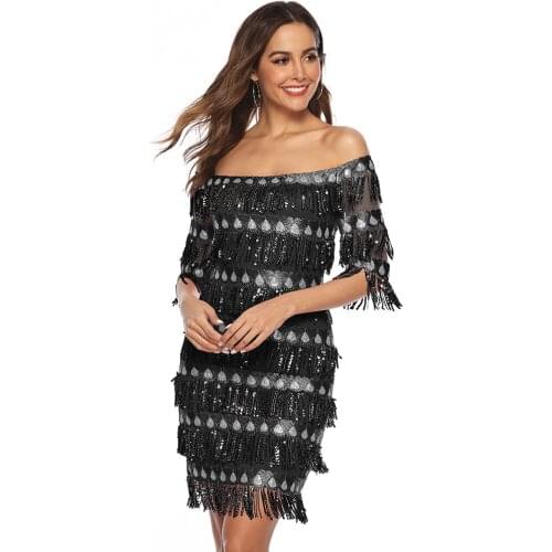 Summer European And American New Womens Fashion Sexy One-Line Collar Middle Sleeve Sequined Tassel Temperament Commuter Dress