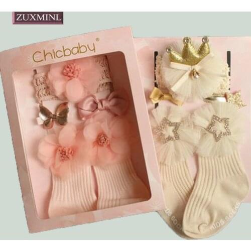 4/5pcs/set Newborn Baby Girl Boy grip Socks Lace Ruffle Tutu Slip Socks kids bow Headband flower Hairclip Crown Accessory gift