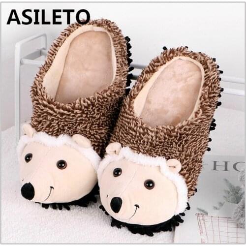 ASILETO Winter Warm Cozy Slippers Unisex Couples Round toe Flock Cute Hedgehog Big size 35-43 Brown Indoor Home Pantoufle F999