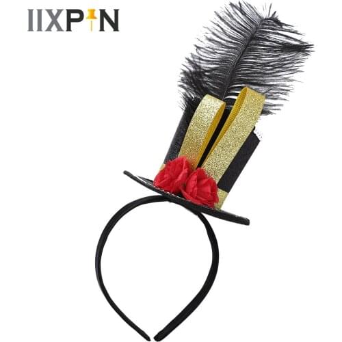 Kids Circus Ringmaster Headband Girls Steampunk Mini Top Hat Nutcracker Cosplay Accessories Children Black Feather Hat Headband