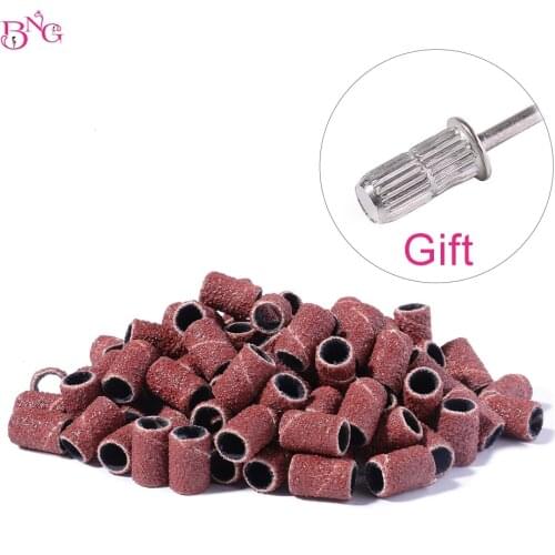 BNG #80 #120 #180 100Pcs/Pack Sanding Bands Manicure Pedicure Nail Electric Drill Machine Grinding Sand Ring Bit +1 Mandrel