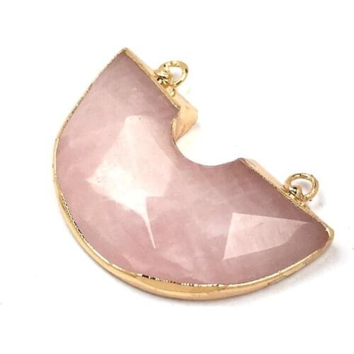 FYJS Unique Light Yellow Gold Color Half Round Section Rose Pink Quartz Pendant Lapis Lazuli Charm Jewelry