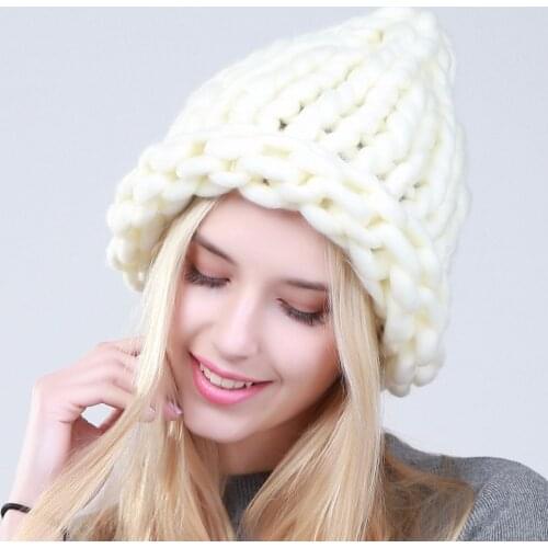 Geebro Fashion Women Warm Beanies Hat Handmade Thick Knitted Coarse Lines Cable Hat Candy Color Crochet Caps Female Beanie Hats