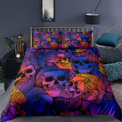 Horror Skeleton Bedding Sets with Pillowcase Twin Queen King Size Cartoon Skull Patterns Purple Duvet Cover Bedclothes Bed Linen