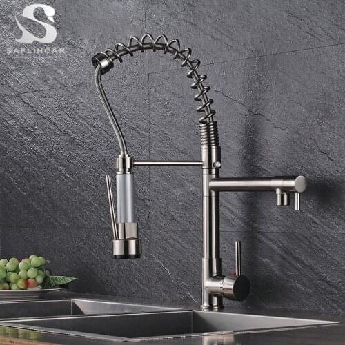 Brushed Nickel Kitchen Faucet With LED Light Two Water Taps Hot and Cold Water Tap Faucet Installed On The Deck