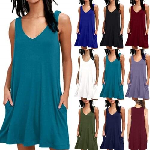 Summer Slim Dresses Fashion Beach Dress Pockets Sexy Casual Cotton Plain Dress Deep V Neck Women Sleeveless Dresses