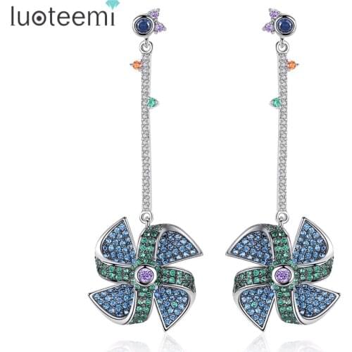 LUOTEEMI New Elegant Drop Earrings Micro Paved Multicolor CZ Statement Windmill Pendant Dangle Earrings Pinwheel Brincos Gift