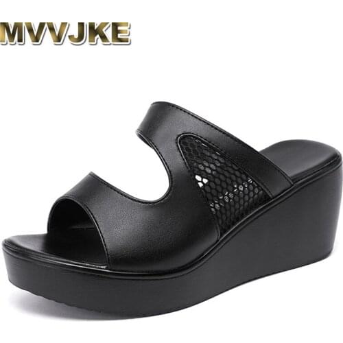 MVVJKE Plus Size 32-43 Platform Wedges Shoes Women Slippers Summer Cutout High Heels Slides Ladies Office Shoes Leather Slippers