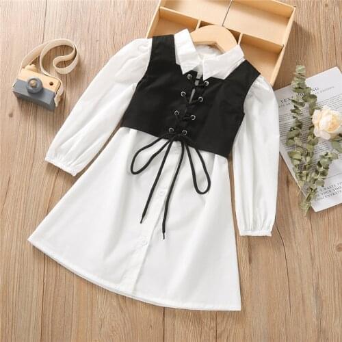 2Pcs Kids Summer Outfit, Solid Color Lapel Long Sleeves Shirt Dress + Tied Cross Straps Waistcoat for Girls, 1-6 Years