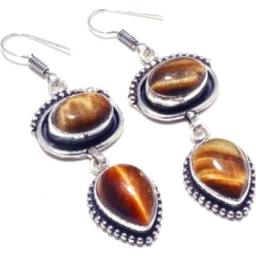 Genuine Tiger Eye Silver Overlay on Copper Earrings , Hand made Women Jewelry Gift, E5259