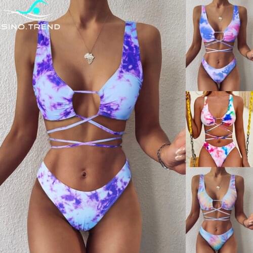New Sexy Wrap Around Mid Waist Bikini Set Female Tie Dye Thong Swimsuit Women Two-Pieces Swimwear Split Beachwear Bathing Suit