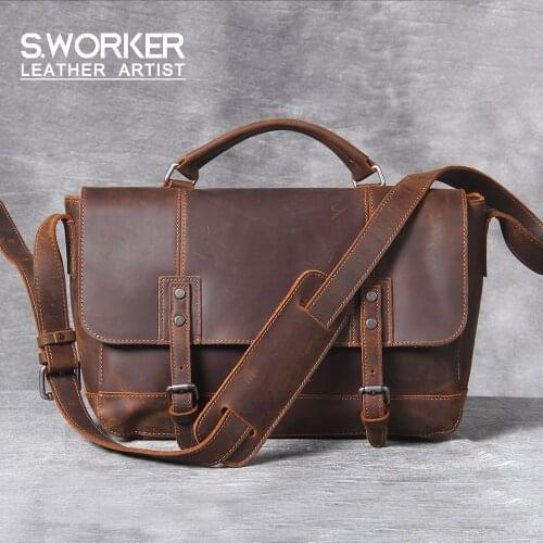 S.WORKER Vintage Genuine Leather Mens Cowhide Messenger Bag Crazy Horse leather Briefcase Handbag Retro Casual Shoulder Bag