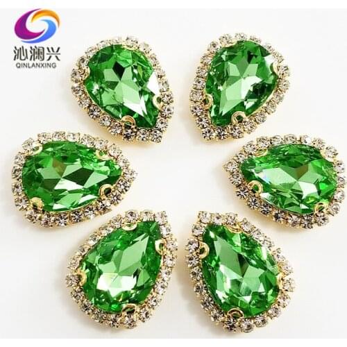Light green Golden bottom Top grade Glass Crystal buckle,Drop shape sew on rhinestones,Diy wedding decoration 10pcs/pack SWSK15