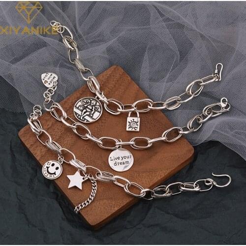 XIYANIKE 925 Sterling Silver Angel Smiley Letter Star Love Round Card Pendant Bracelet Female Fashion Creative Handmade Jewelry