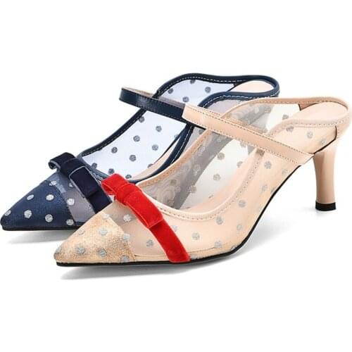 Womens Flats Mule Leisure Pointed Toe Polka Dot Mesh Bowtie Slipper Shoes Slides Stilettos High Heel&Flats 2Styles New 2021