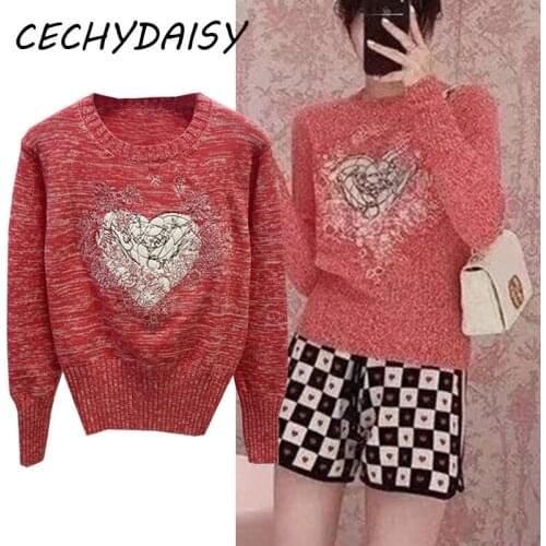 2021 Autumn Winter Knitted Sweater Pullovers Women O-Neck Love Casual Striped Designer Brand High Street Traf Tops Y2k Jumper Za