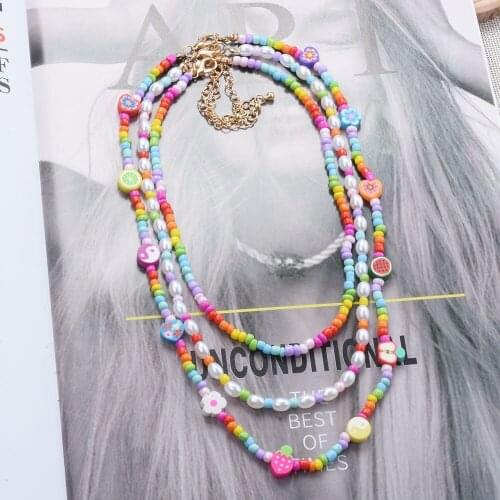 Summer Boho Beach Style Colorful Beaded Necklace Multicolor Soft Pottery Fruit Flower Beads Multilayer Choker for Women Party