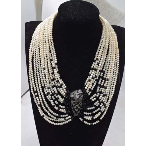14rows freshwater pearl white near round 3-5mm and black agate faceted necklace bracelet FPPJ wholesale beads nature