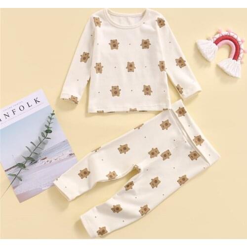 Spring Autumn Baby Girl 2Pcs Pajamas Suit Toddler Kids Soft Cute Cartoon Bear Print Long Sleeve Tops Pants Nightwear Sleepwear