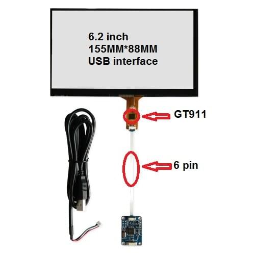 6.2 inch capacitive touch screen 155*88 IC: GT911 6 pin USB control card is applicable to Windows 7 8 10 free drive