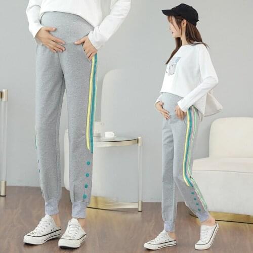 8666# Maternity Pants Spring Autumn Striped Pants Loose Comfy Belly Support Pants Elastic Waist Maternity Trousers