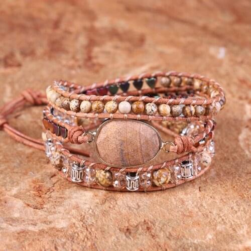 Bracelet for Women Natural Stones Crystal Gilded Charm 3 Strands Wrap Bracelets Bohemian Leather Bracelet Jewelry Gifts