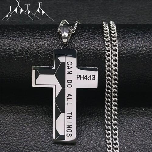 Stainless Steel I CAN DO ALL THINGS Chain Necklace Women Silver Color Long Cross Necklaces Chain Jewelry bijoux femme N7004S02