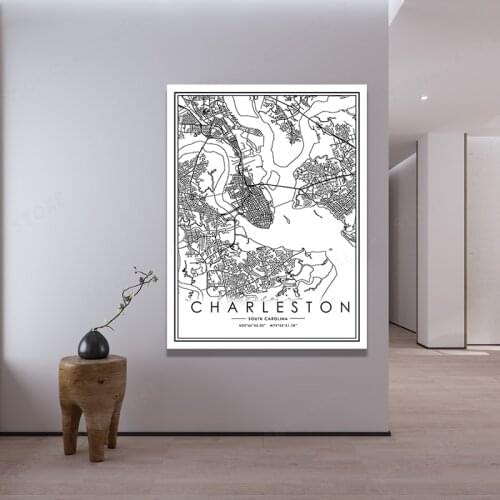 Black And White World City Map Charlestion Wall Art Canvas Poster Prints Nordic Style Paintings Picture For Living Room