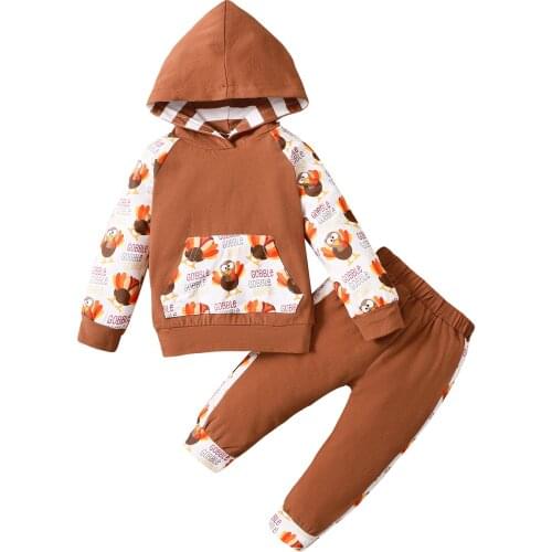 2 Pcs Infant Thanksgiving Day Outfits, Kids Cartoon Print Long Sleeve Hooded Sweatshirt with Pocket + Color Block Pants
