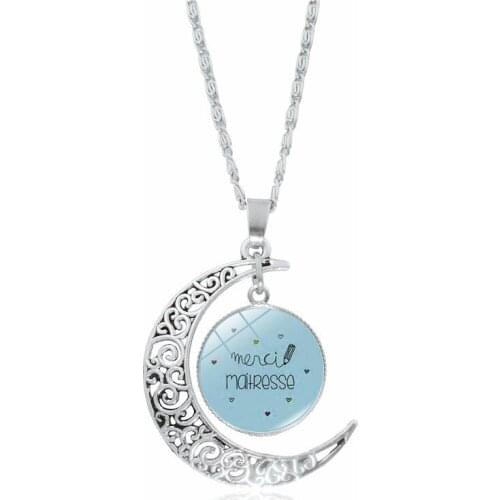 Time Gemstone Necklace Super Teachers Gift Half Moon Pendant Retro Sweater Chain