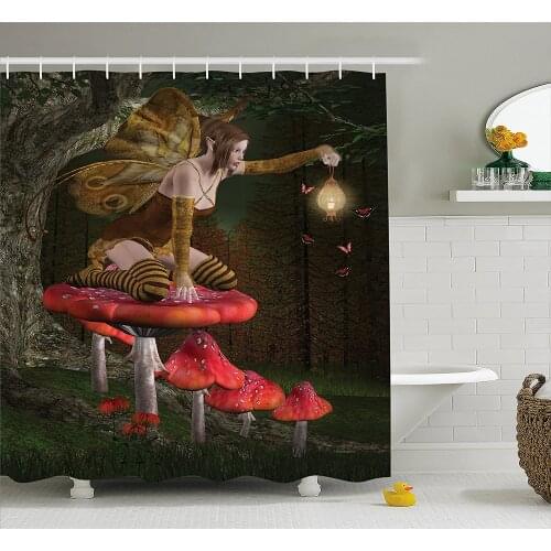 Fantasy Shower Curtain Mythical Fairy Creature Sitting on Mushroom Beside an Oak Tree Summer Forest Print Bath Curtains