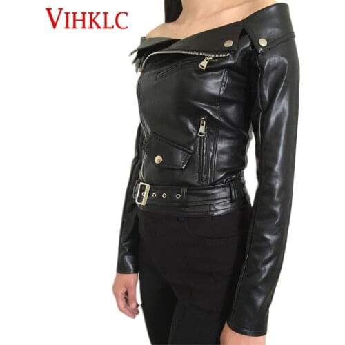 2020 Autumn Women Faux Leather Jacket Off The Shoulder Gothic Black Motorcycle Jackets Zippers Short Goth Female PU Coat Q372