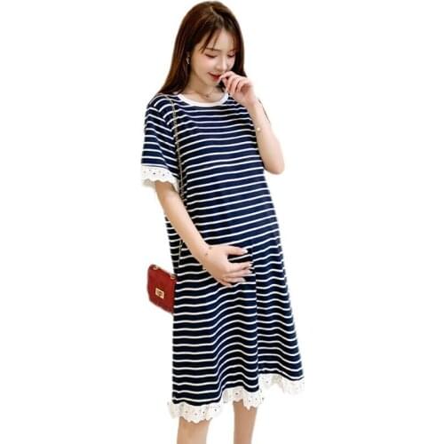 2021 Summer Dress For Pregnant Women Breastfeeding Skirt Striped Knitted Top Length Lace Short Sleeve Maternity Dresses