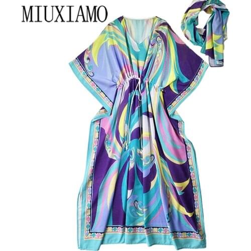 MIUXIMAO 2021 Bohemian Plus Size Dress V-neck Sleeve Maxi Dress Women Silk Floor Length Colourful Flower Kaftan Dress Belt