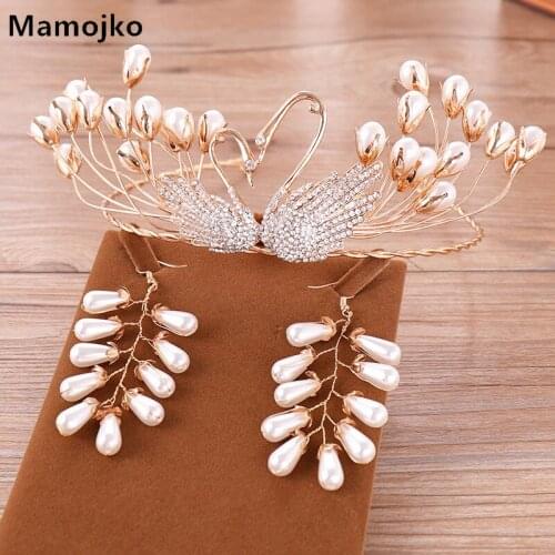 Mamojko Fashion Gold Rhinestone Pearl Swan Wedding Crown for Women Jewelry Hair Accessories Bridal Tiara Wholesale