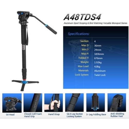 Benro Monopods A48TDS4 Aluminum Monopod Sport Scoping Bird Watching Monopod S4 Video Head 4 Joint Max Load 4kg EU duty free