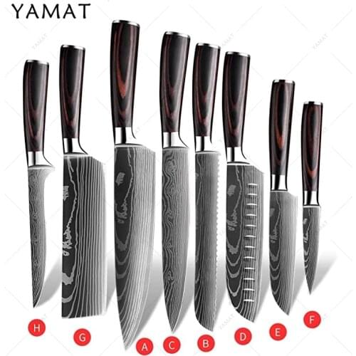Stainless Steel Knife Set Japanese Kitchen Knives Laser Damascus Pattern Chef Knife Sharp Santoku Cleaver Slicing Utility Knives