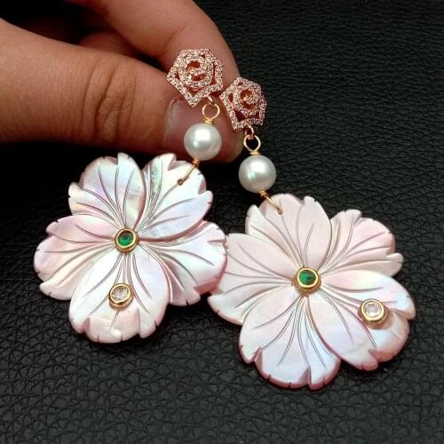 Natural Pink Mop Shell Carved Flower drop White Pearl Cubic Zirconia Stud Earrings cute style for women