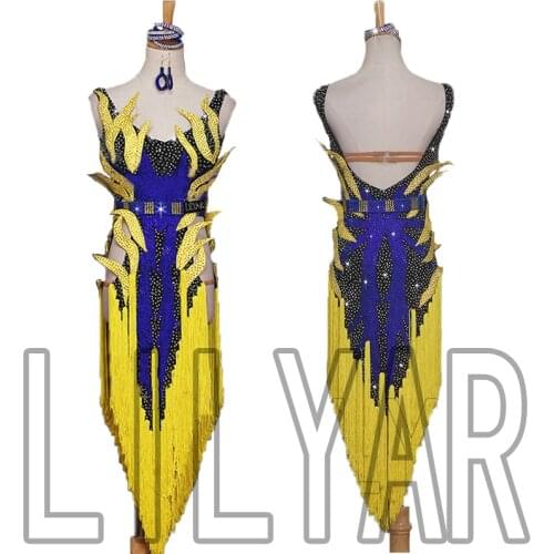 New Latin dance skirt competition skirt performance Skirt Adult custom yellow tassel sparkle diamond backless dance skirt