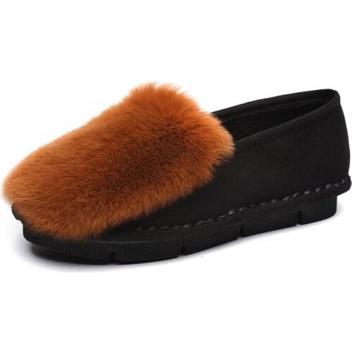 2020 New Real Rabbit Fur Decoration Autumn Winter Shoes Fashion All-match Flat Shoes Spell Colors Comfortable Warm Cotton Shoes