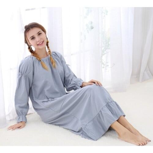 Autumn Nightgown Women Linen Long Sleeve Princess Nightdress Thicken Pockets Plus Size Sleepdress Casual Home Clothing Nighties