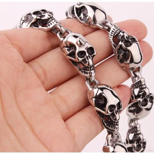 15mm Mens Hip Hop Necklace Christmas Gift Heavy Cool Stainless Steel Silver Color Skeleton Skull Head Biker Jewelry