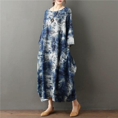 Plus size Chinese traditions cotton linen summer dress 2020 vintage print robe casual loose Comfortable women long dress