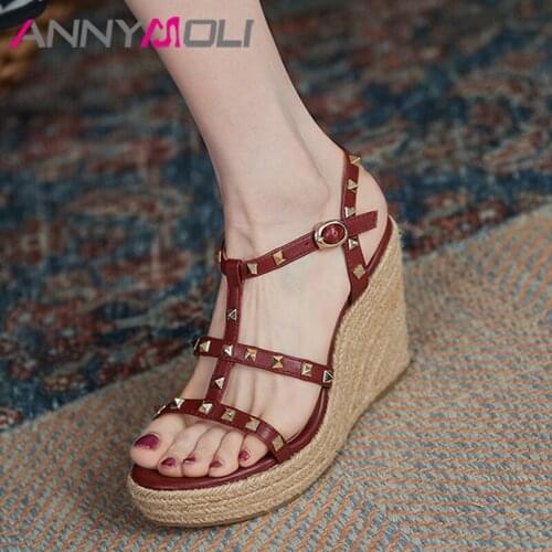 ANNYMOLI Women Gladiator Shoes Real Leather Sandals Wedges Super High Heel Sandals T-strap Rivet Shoes Round Toe Sandals Summer