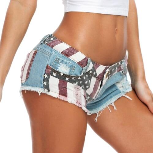 Nightclub Beach Mini Tassels Party Shorts Sexy Low Rise Jeans Shorts Women USA Flag Printed Denim Shorts Skinny Hole Hot Pants