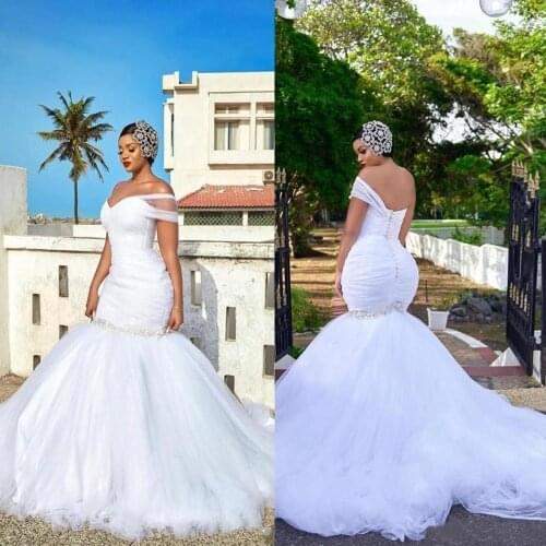 African Plus Size Wedding Dresses With One Shoulder Beads Mermaid Wedding Gowns Robe de Mariee Beaded Crystals Bridal Dress