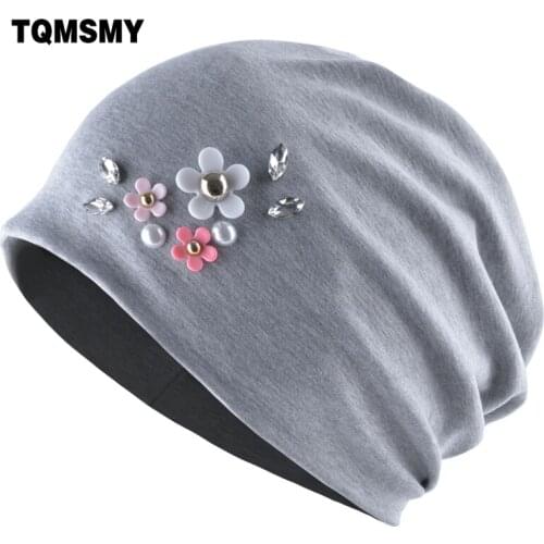 TQMSMY Autumn Rhinestone Flower Hats for Women Beanies Cotton Blended Hip Hop Caps Slouch Warm Hat Solid Bonnet Hats TMDH39