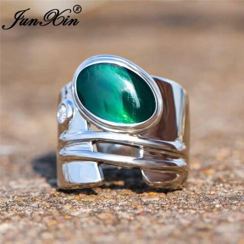 Unique Geometric Blue Green Stone Rings For Men Women Oval Big Wedding Bands Male Engagement Ring Vintage Party Jewelry